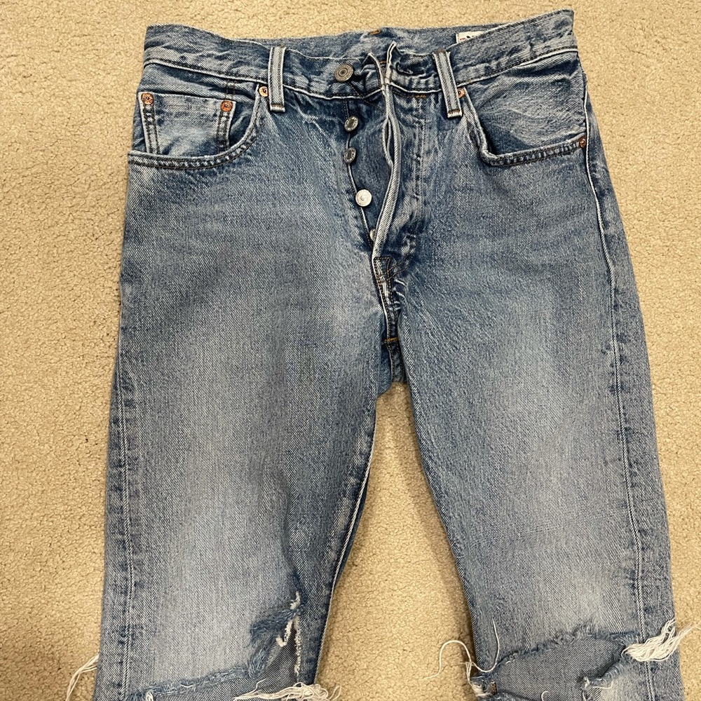 Levi 501 distressed, straight leg jeans